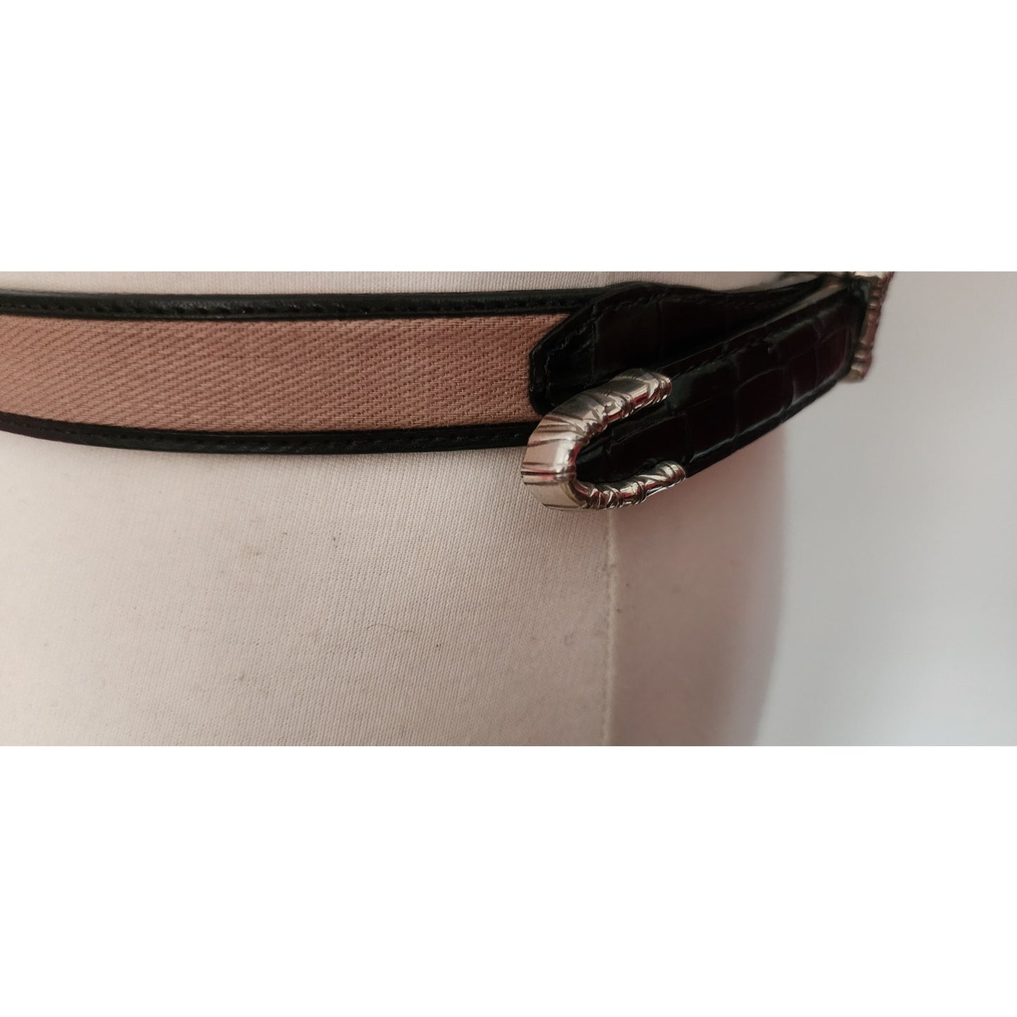Vintage 1990s Brighton Leather Belt Black Leahter Beige Canvas Silver Buckle 28