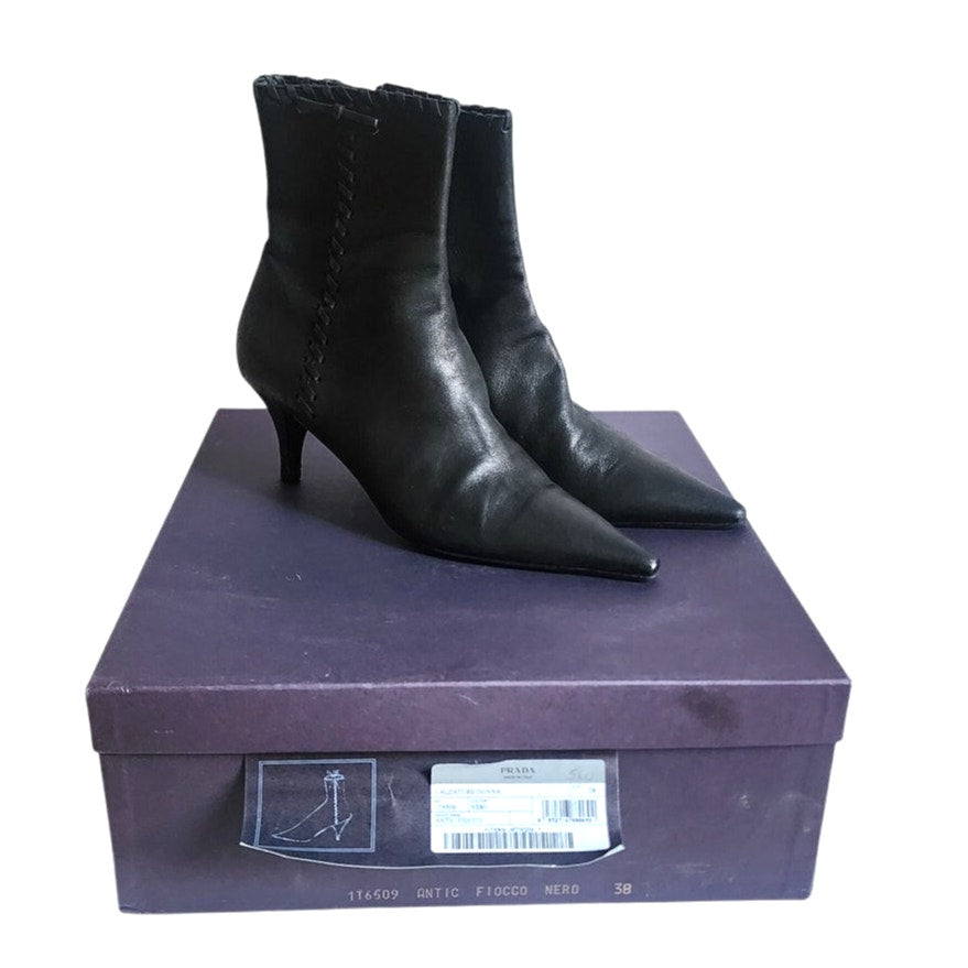 PRADA Ankle Boots Black Leather New in Box Size 38 VG++