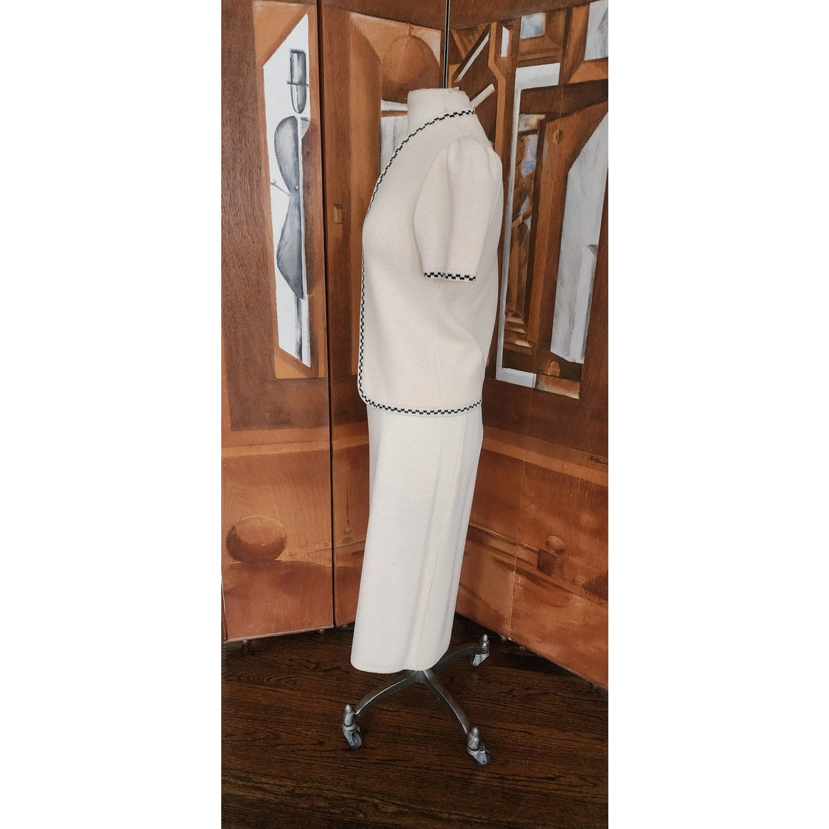 Vintage 1980s St. John Suit Jacket Cardigan Sweater + Skirt Set Cream Knit Marshall Fields