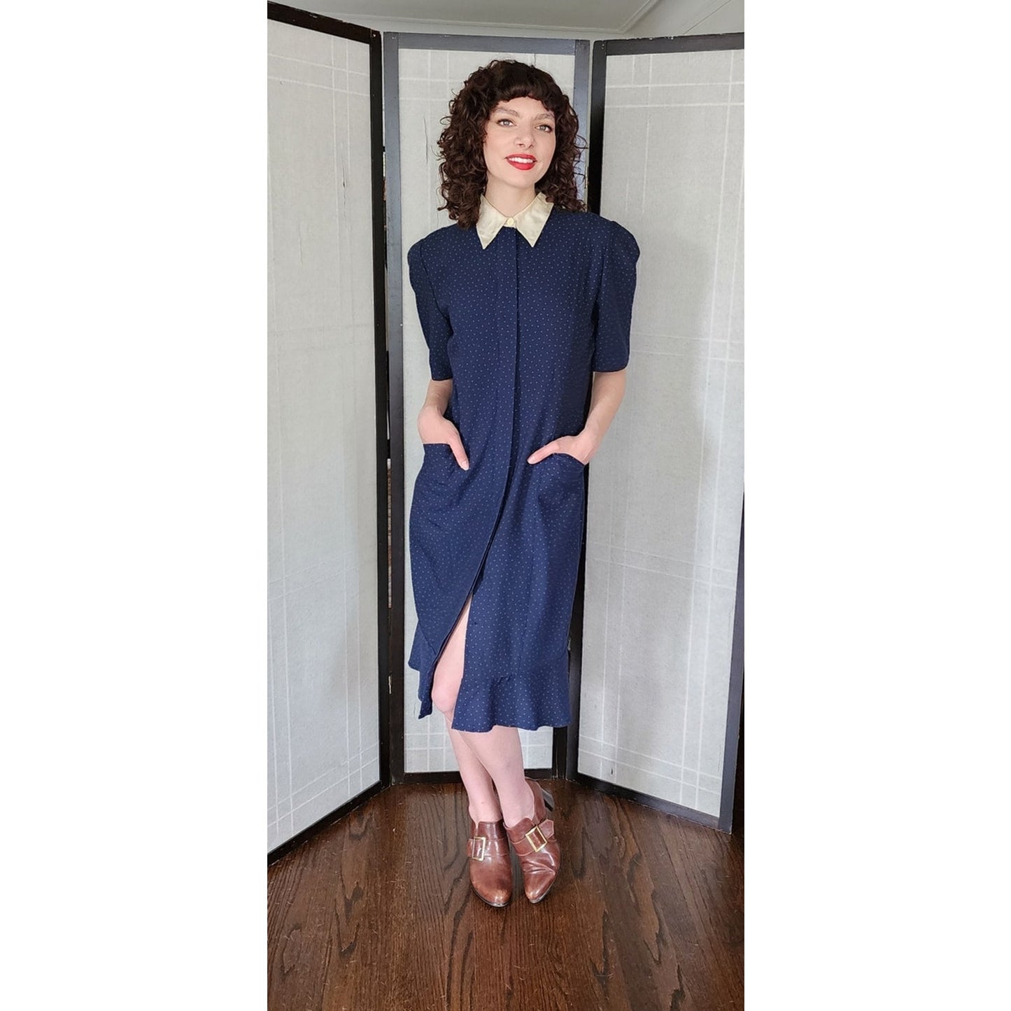 Vintage 80s Krizia Dress Navy Blue White Micro Dot Print White Collar