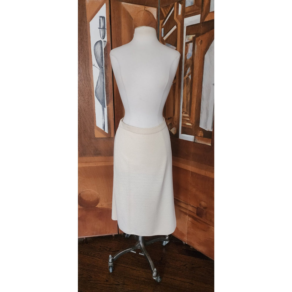Vintage 1980s St. John Suit Jacket Cardigan Sweater + Skirt Set Cream Knit Marshall Fields