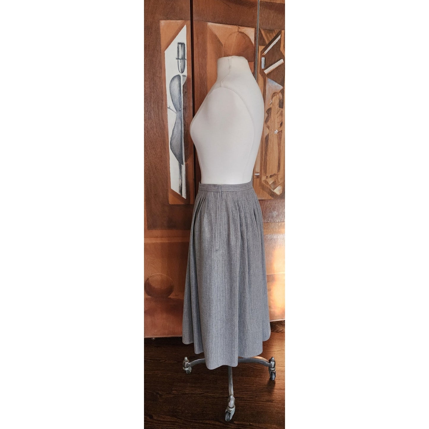 Vintage 70s Geoffrey Beene Bag Midi Skirt Gray Pinstriped Wool A Line / M