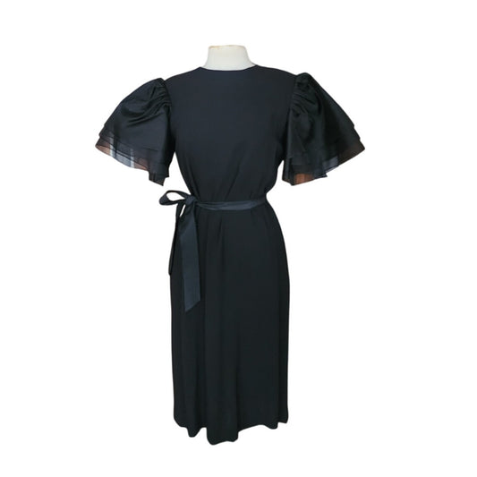 Vintage 1980s Bill Blass Party Dress Black Organza Puffy Sleeve Belted Medium