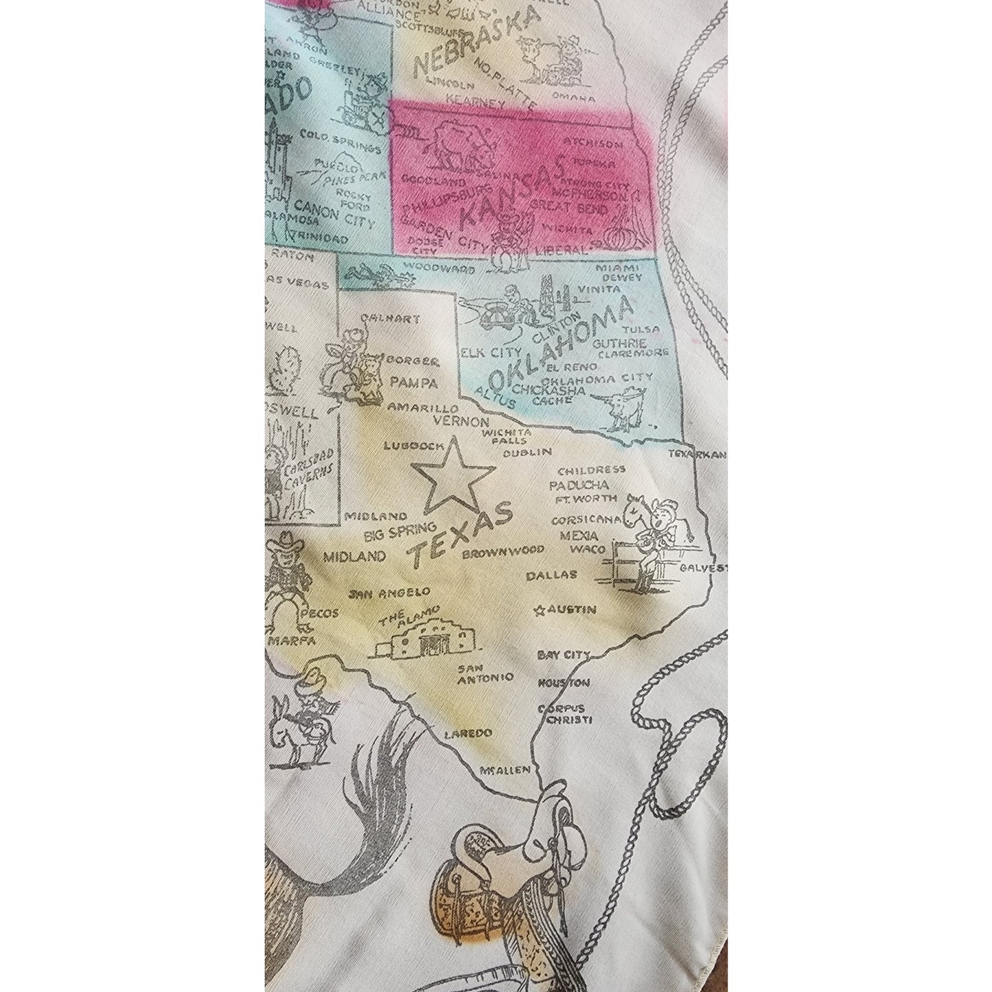 Vintage Cowboy Souvenir Scarf Map of Western United States