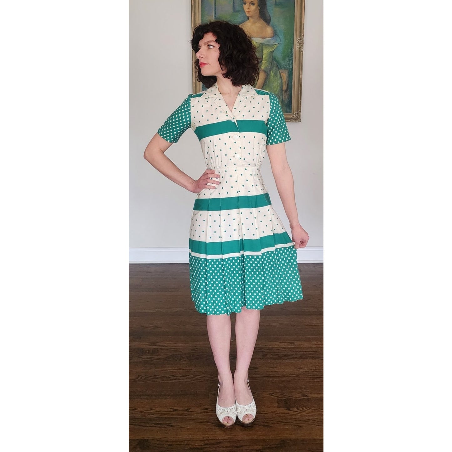 Vintage 50s Hope Reed Green Polka Dot Cotton Dress Nelly Don Short Sleeve