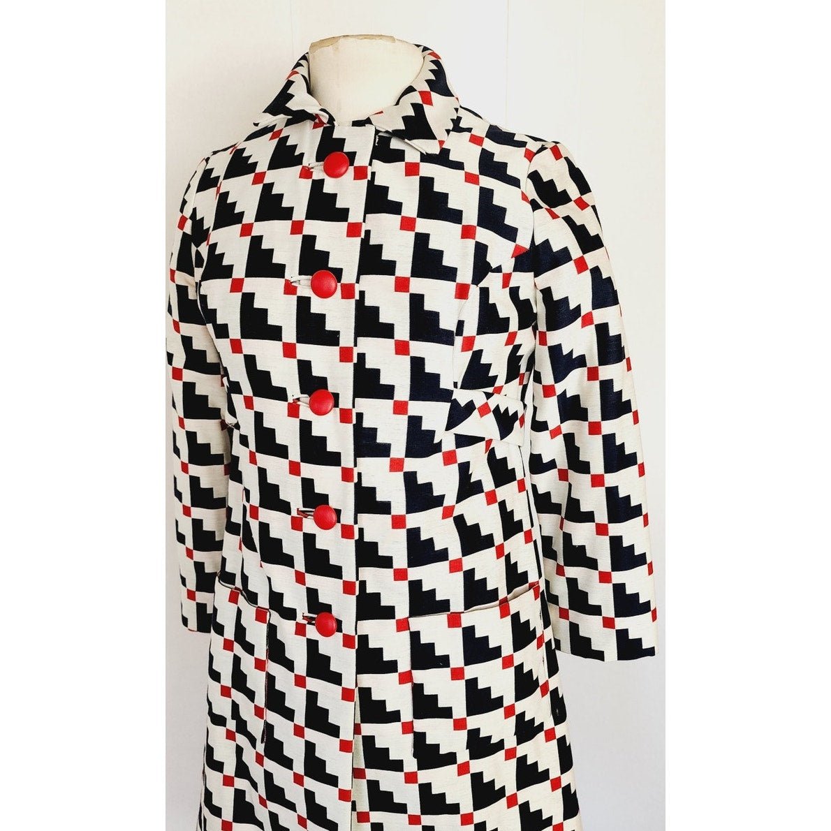 Vintage 60s Mod Dress Suit / Coat Set Geometric Print Navy Blue Red White