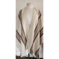 Vintage Poncho Fringed Alpaca Wool Ruana Cream w/Brown Stripe Southwestern Style