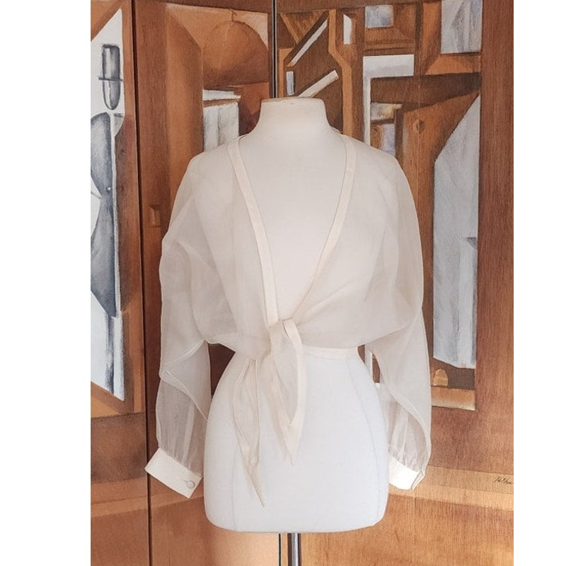 Vintage 90s White Sheer Organza Silk Blouse Tie Front Summer Jacket Victoria March Chicago