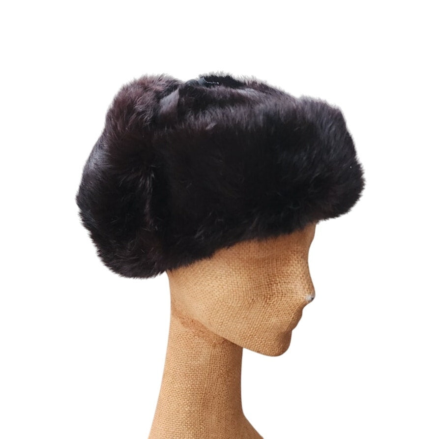 Vintage Black Fur Trapper Hat North King Ushanka Rabbit + Suede Ear Flaps Unisex
