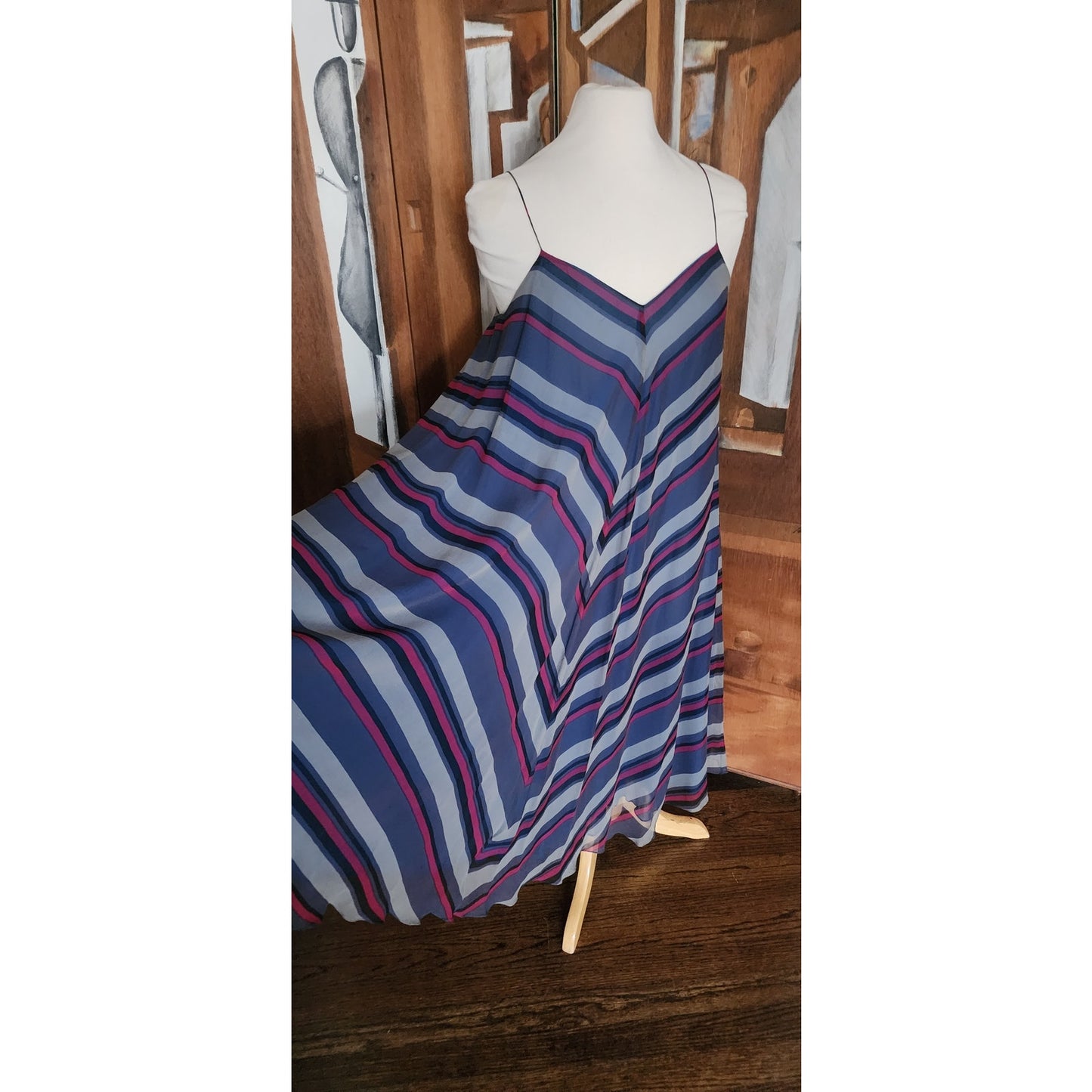 Vintage 70s Chiffon Silk Sun Dress Chevron Stripe Charlotte Ford Spaghetti Strap