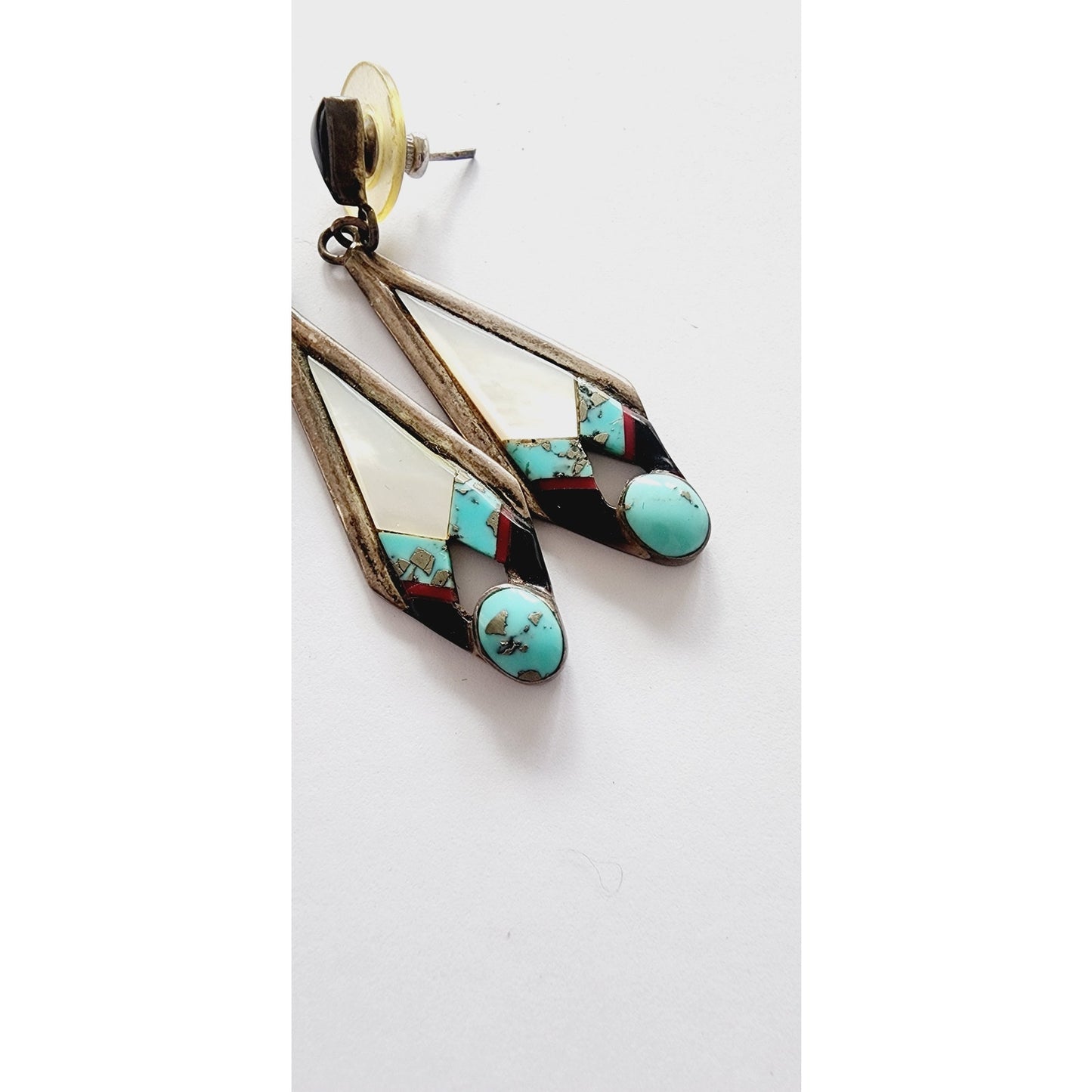 Vintage Navajo Earrings Russ Rockbridge Silver Turquoise Mother of Pearl