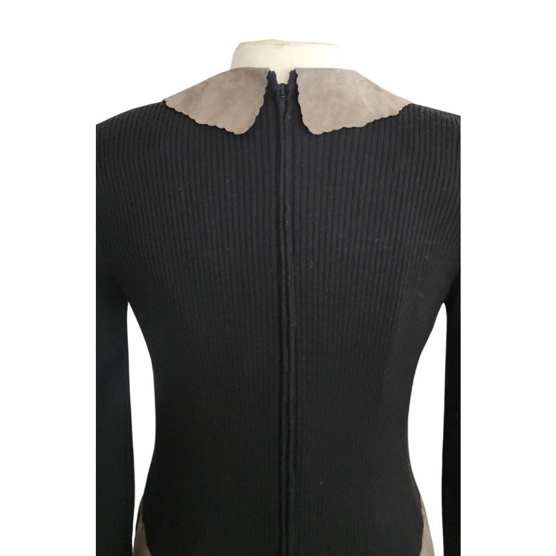 Vintage 1980s CIAO Dress Drop Waist Black Knit Gray Faux Suede / M