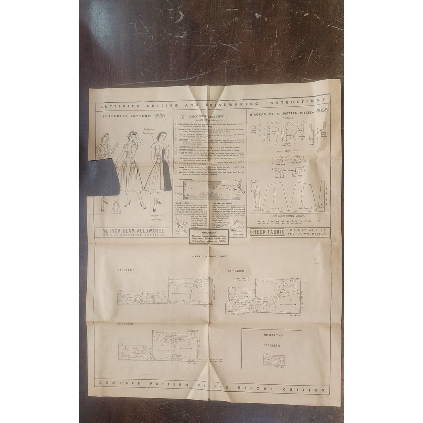 Vintage 50s Dress Sewing Pattern: One Piece Dress Wing Collar Butterick 6538 / Bust 34