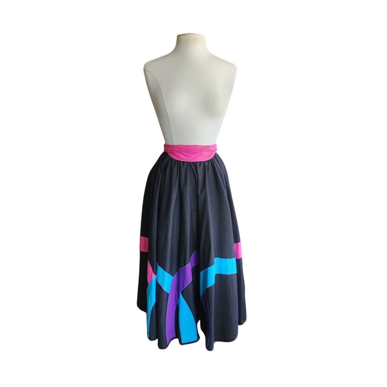 Vintage 80s Circle Skirt Multicolored Cotton Applique Converts to Strapless Dress Opus 1