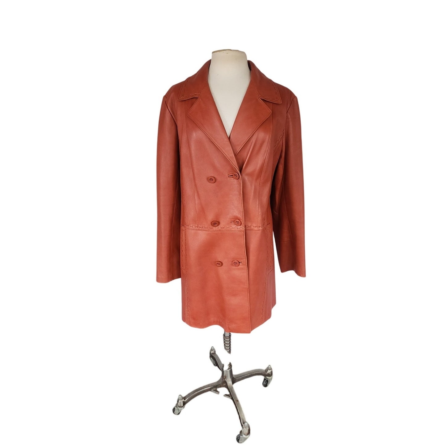 Vintage 70s Brown Leather Coat Hip Length Double Breasted / L