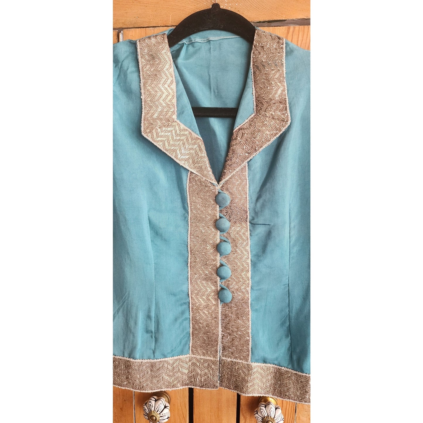 Vintage 30s Pants Top Set Play Suit Playwear Blue Silk, Silver Embroidery