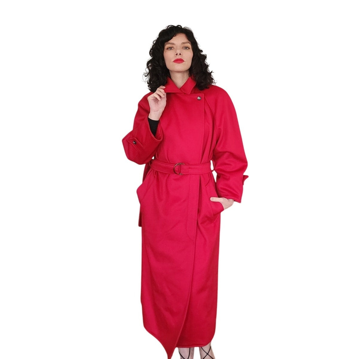 Vintage 1980s Red Wool Coat Long w/Belt Ramosport Paris