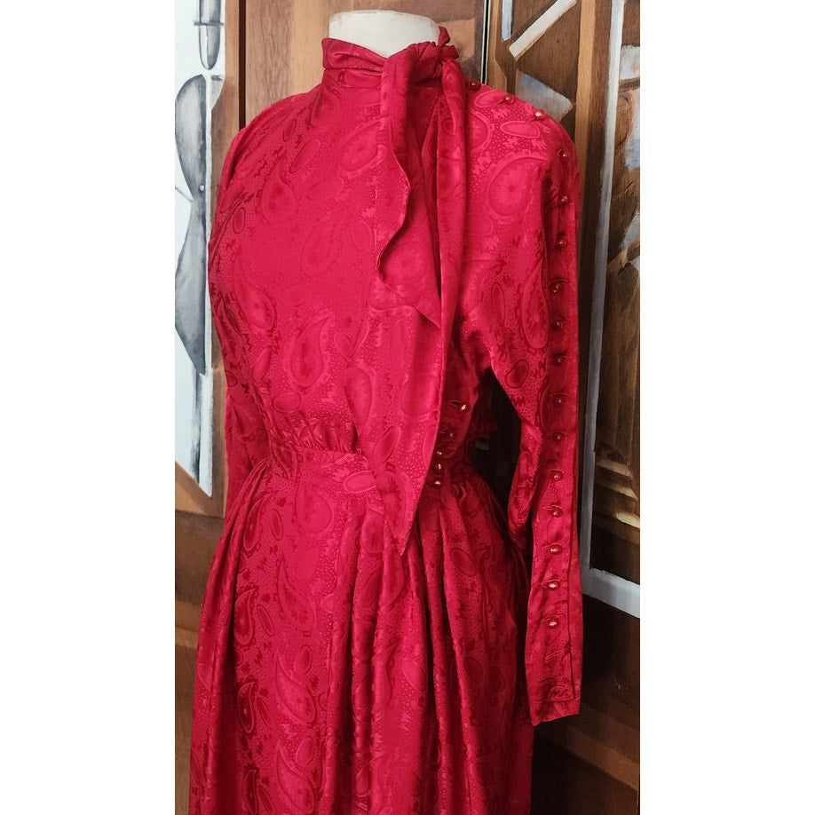 Vintage 1980s Emanuel Ungaro Dress Red Silk Paisley Print I Magnin Long Sleeve Scarf Sash Tie