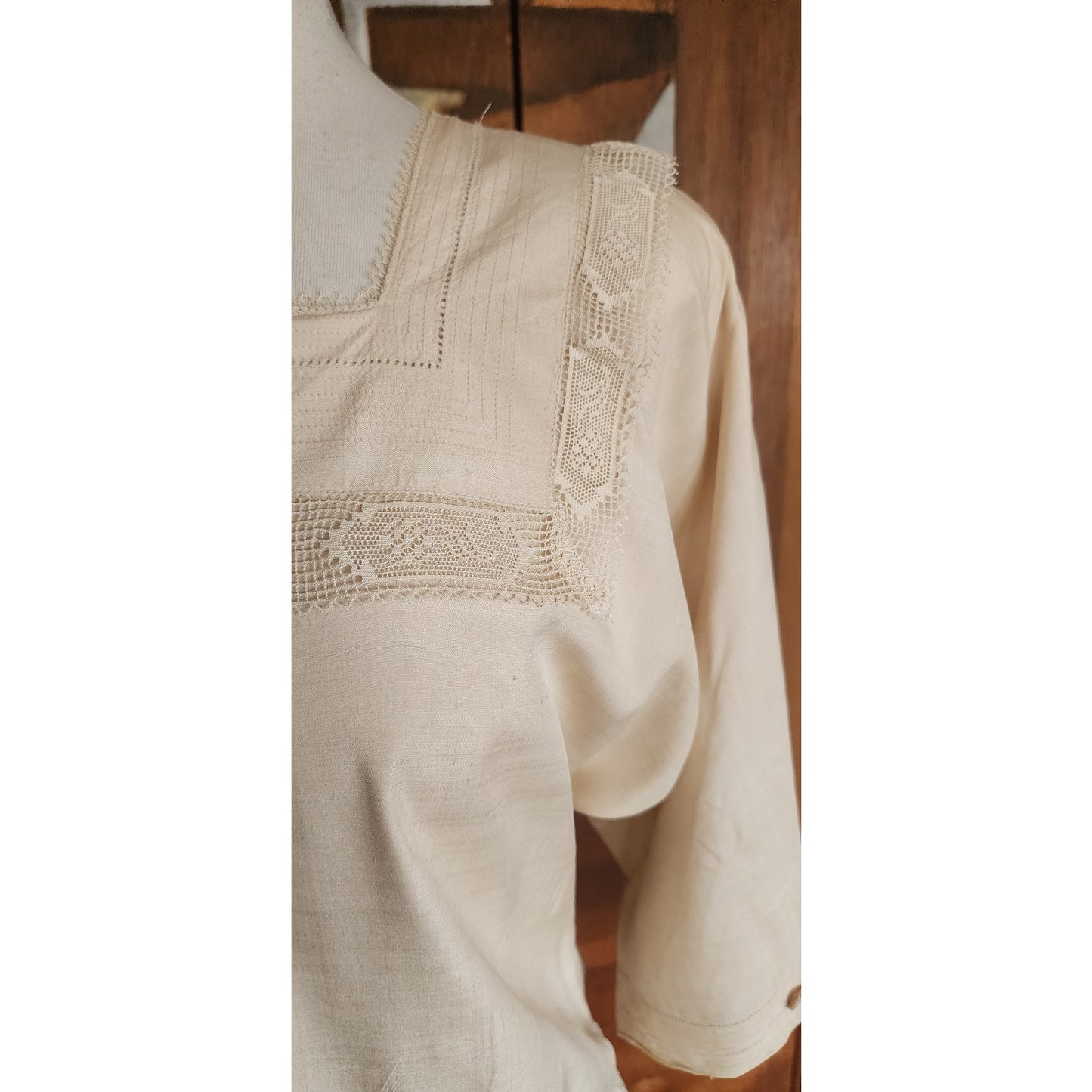Vintage 1980s Cream Silk Dress Lace Trim Drop Waist Edwardian Style Norma Walters