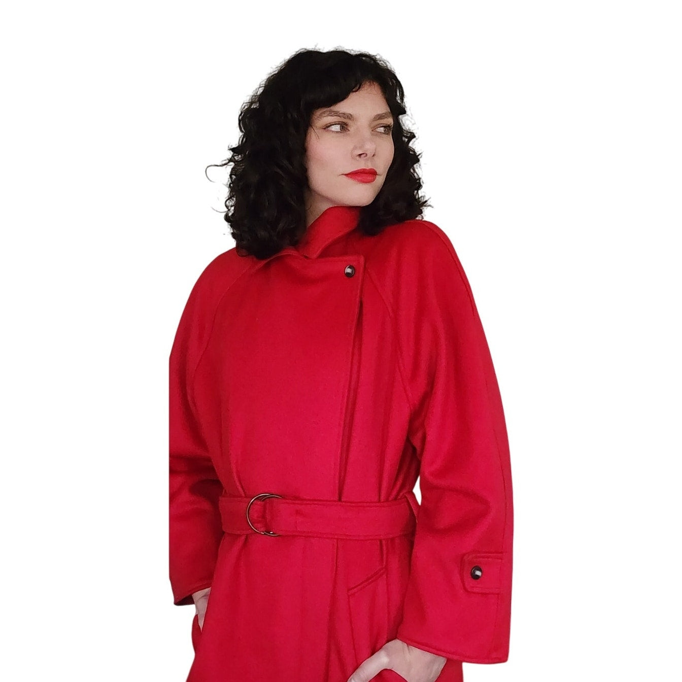Vintage 1980s Red Wool Coat Long w/Belt Ramosport Paris