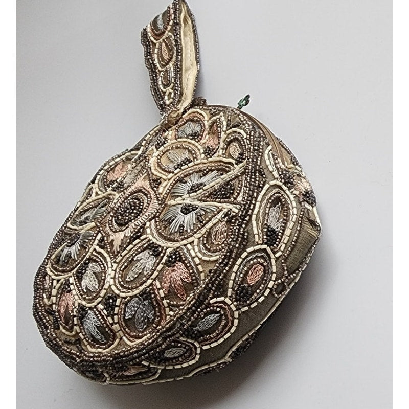Antique 20s French Beaded Bag Round Art Nouveau Embroidered Purse