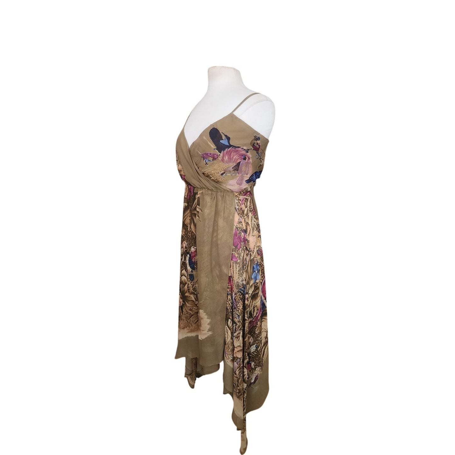 Vintage Vintage 1970s Gianni Versace Dress Silk Parrot Print Handkerchief Hem Slip Style Small