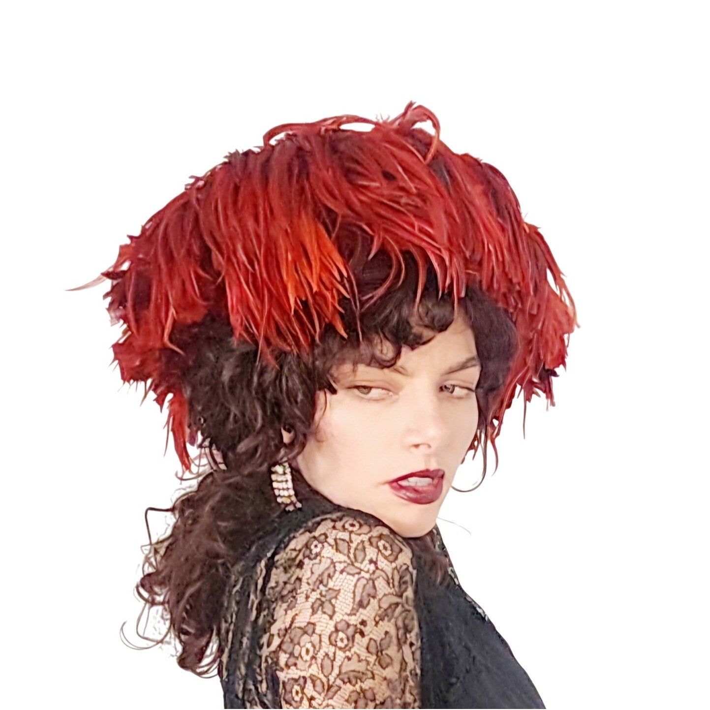 80s Does 60s Red Feather Hat Kokin Oversized Avant Garde