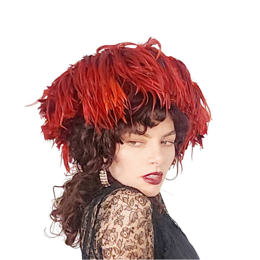 80s Does 60s Red Feather Hat Kokin Oversized Avant Garde