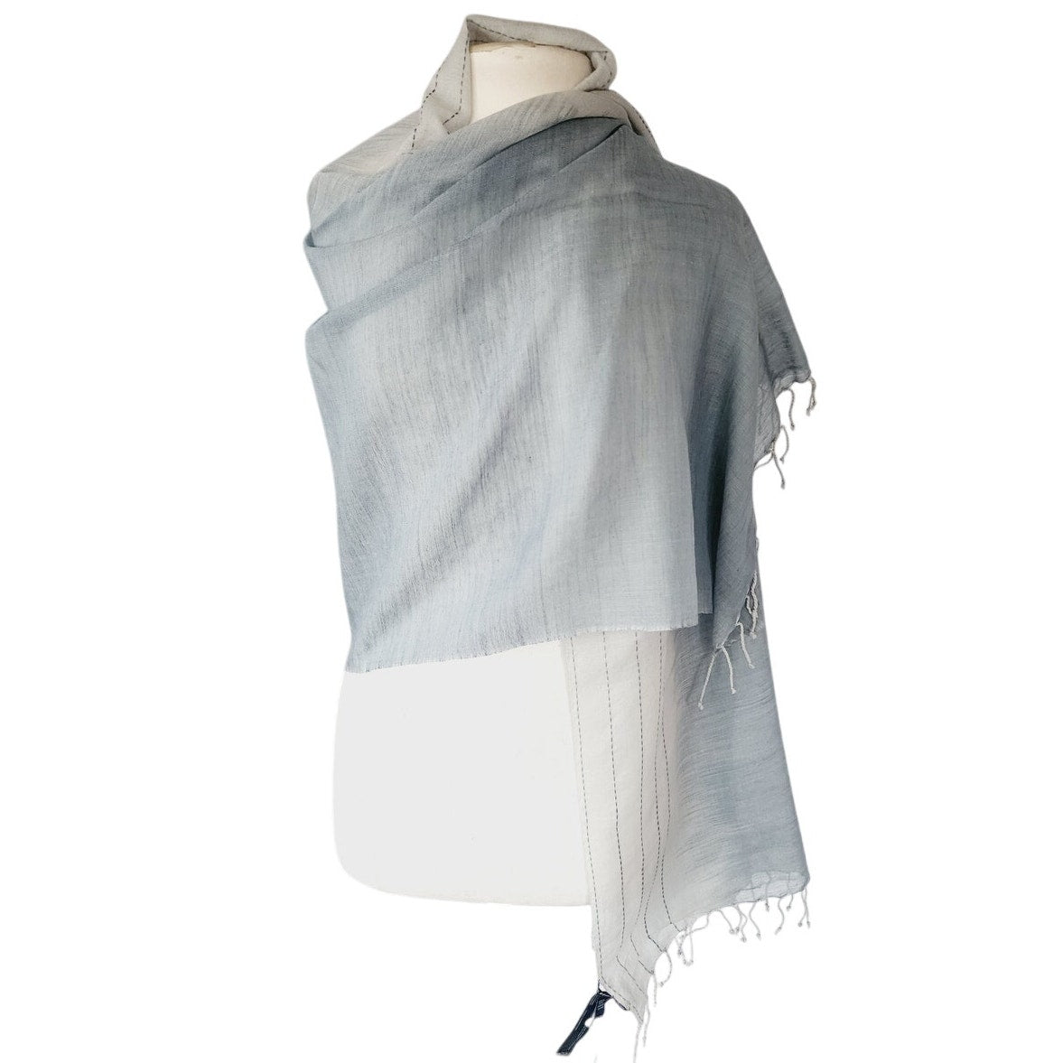 EILEEN FISHER Water Scarf Embroidered Wool Blue Gray Ombre Handloomed Ikat