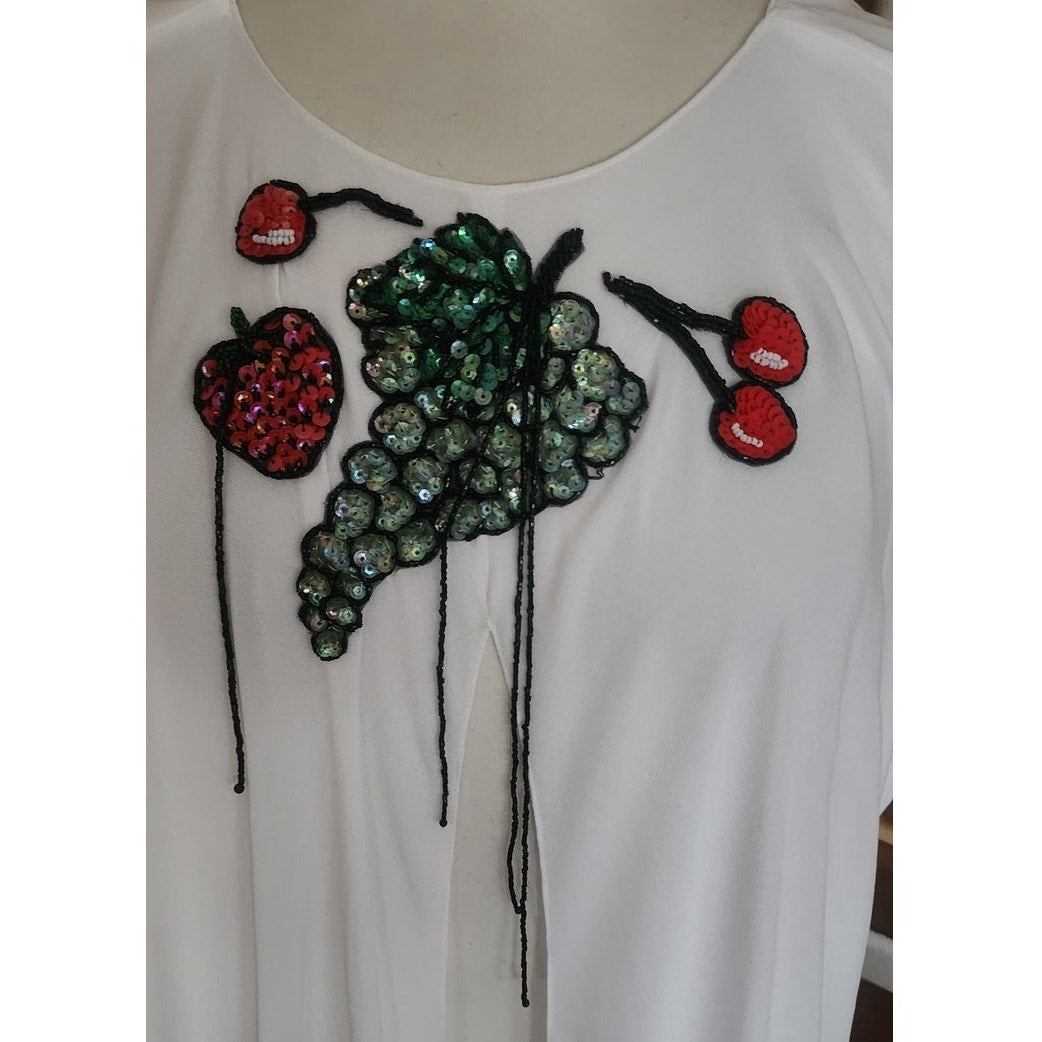 Vintage 1980s Holly Harp Top or Tunic Silk Jersey Embroidered Fruit Sequins Beaded Fringe