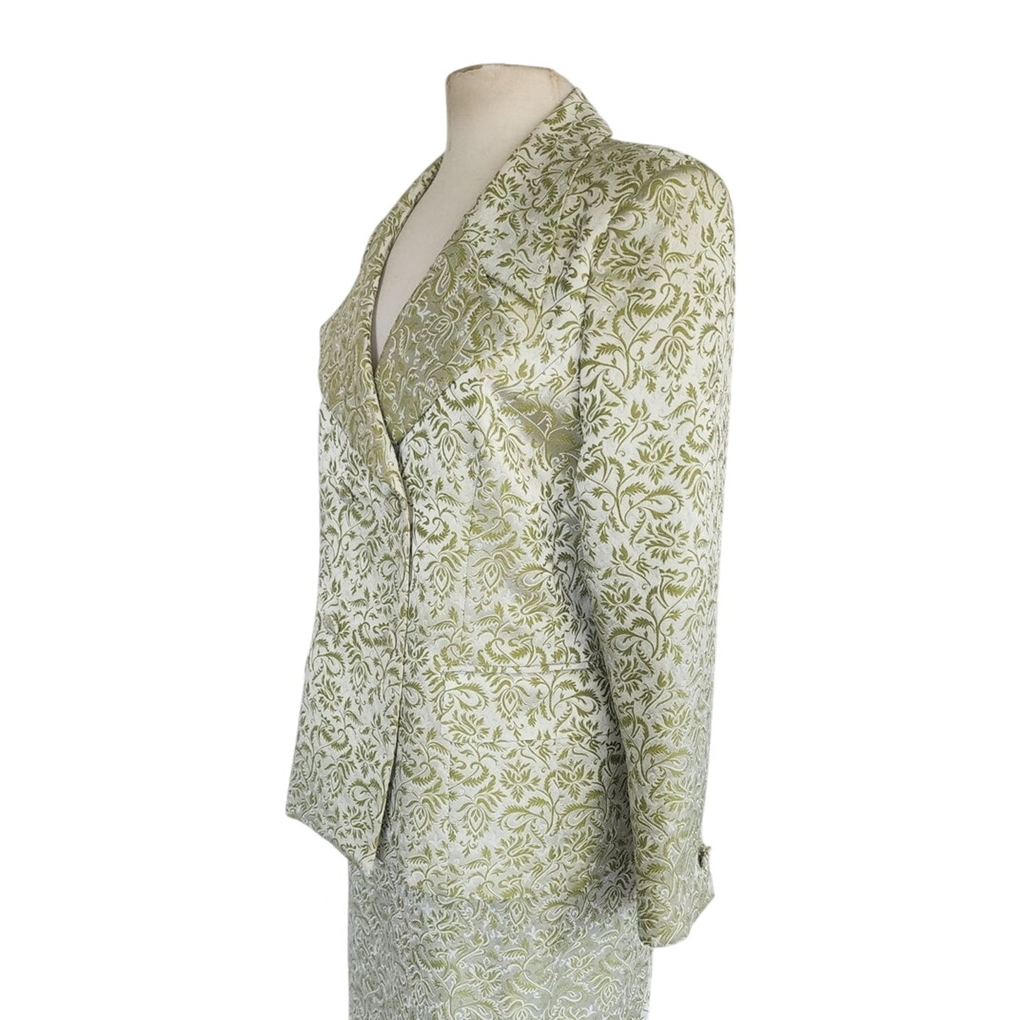 Vintage 1980s ESCADA COUTURE Skirt Suit Green Cream Silk Jacquard Leafy Print / L