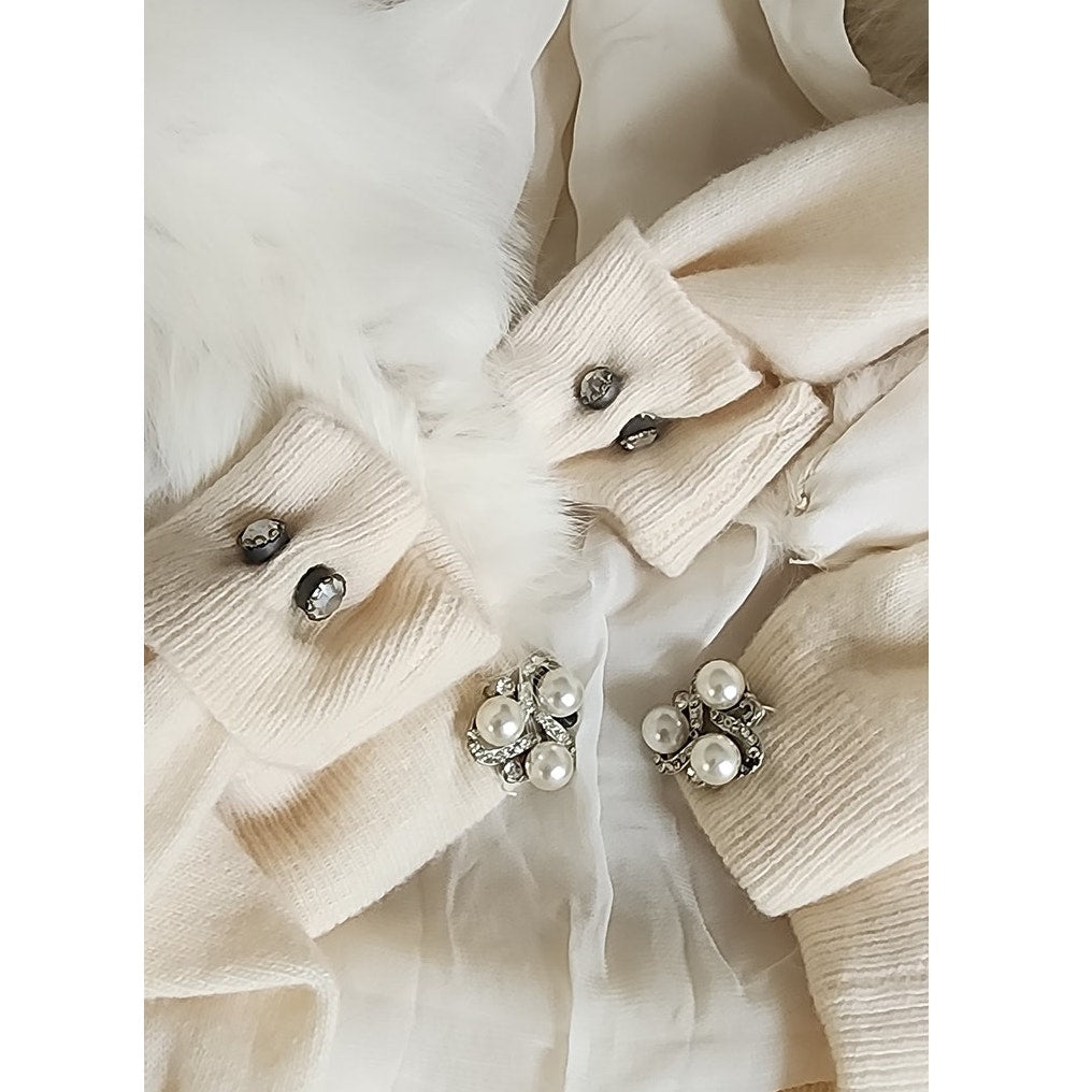 Vintage 1950s Cream Wool Cardigan White Fox Fur Collar Joseph Horne
