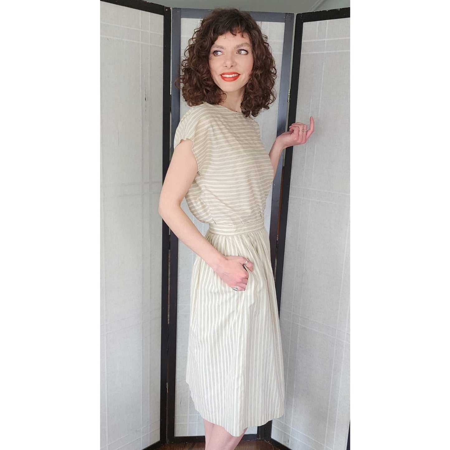 Vintage 80s Striped Print Top + Skirt Set Beige by Phil Carry / S