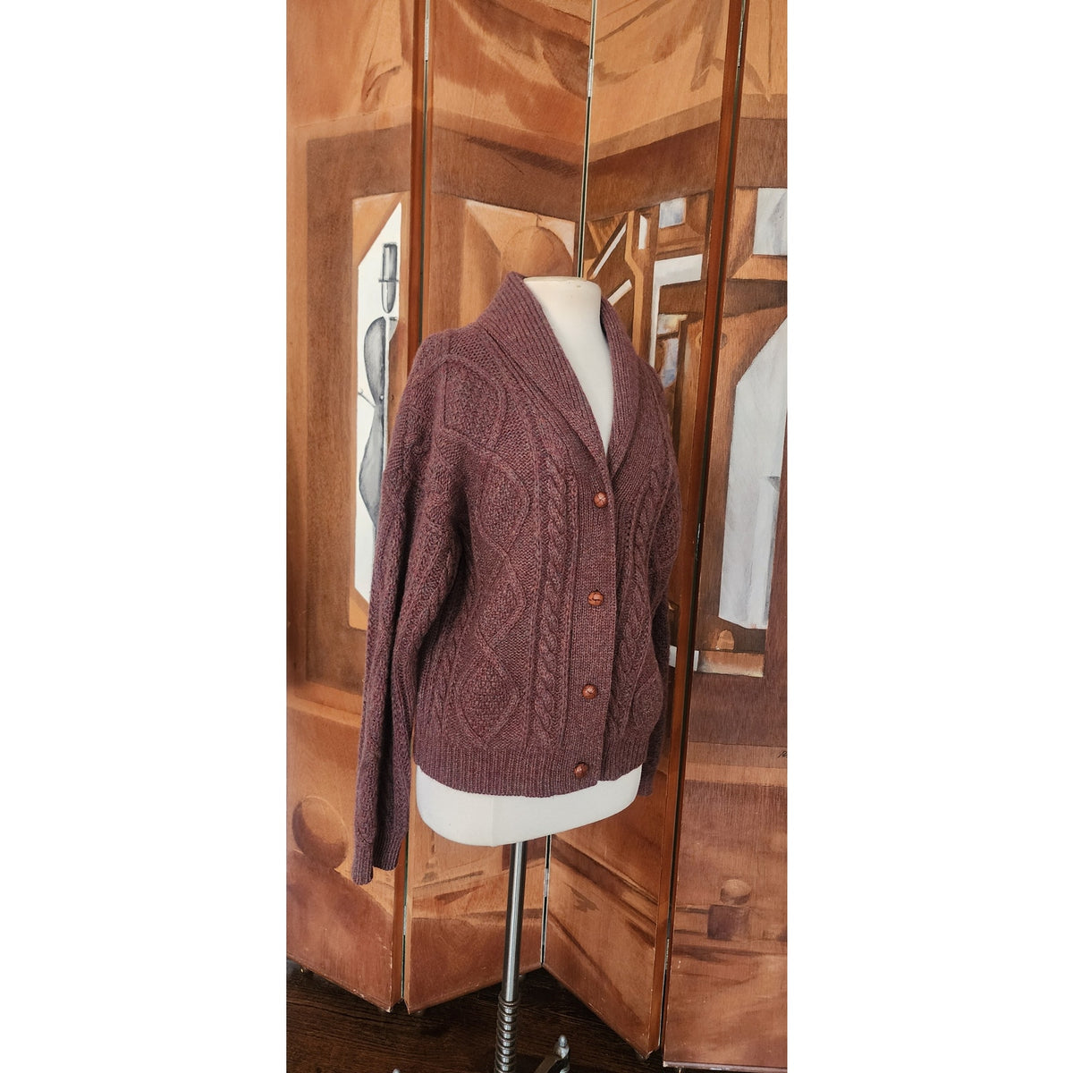 Vintage 1980s Gap Cardigan Sweater Chunky Brown Cable Knit  Shetland Wool