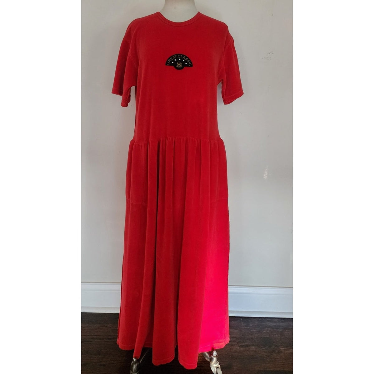 Vintage 1990s Velour Dress Red Sonia Rykiel Midi Drop Waist Embroidered Logo Emblem