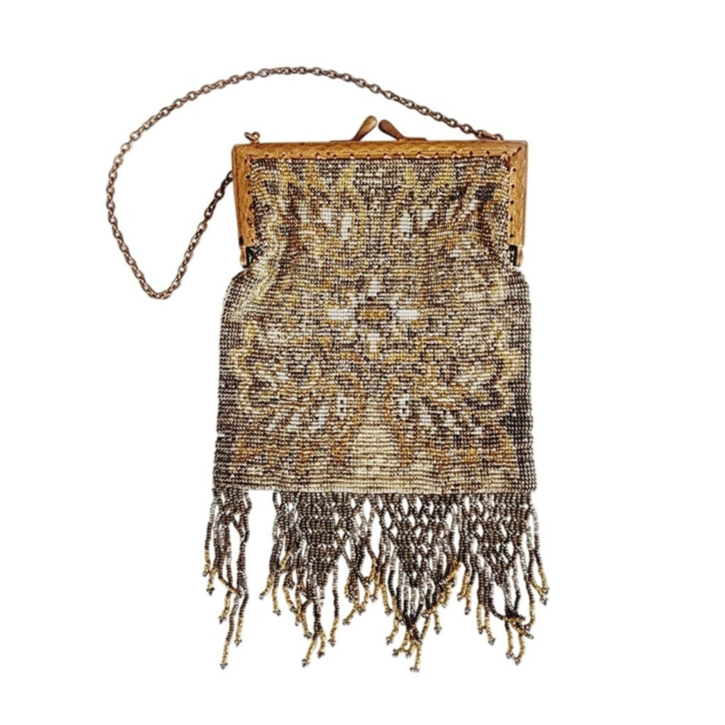 Antique Evening Bag Gold Microbeading Fringe Art Nouveau France