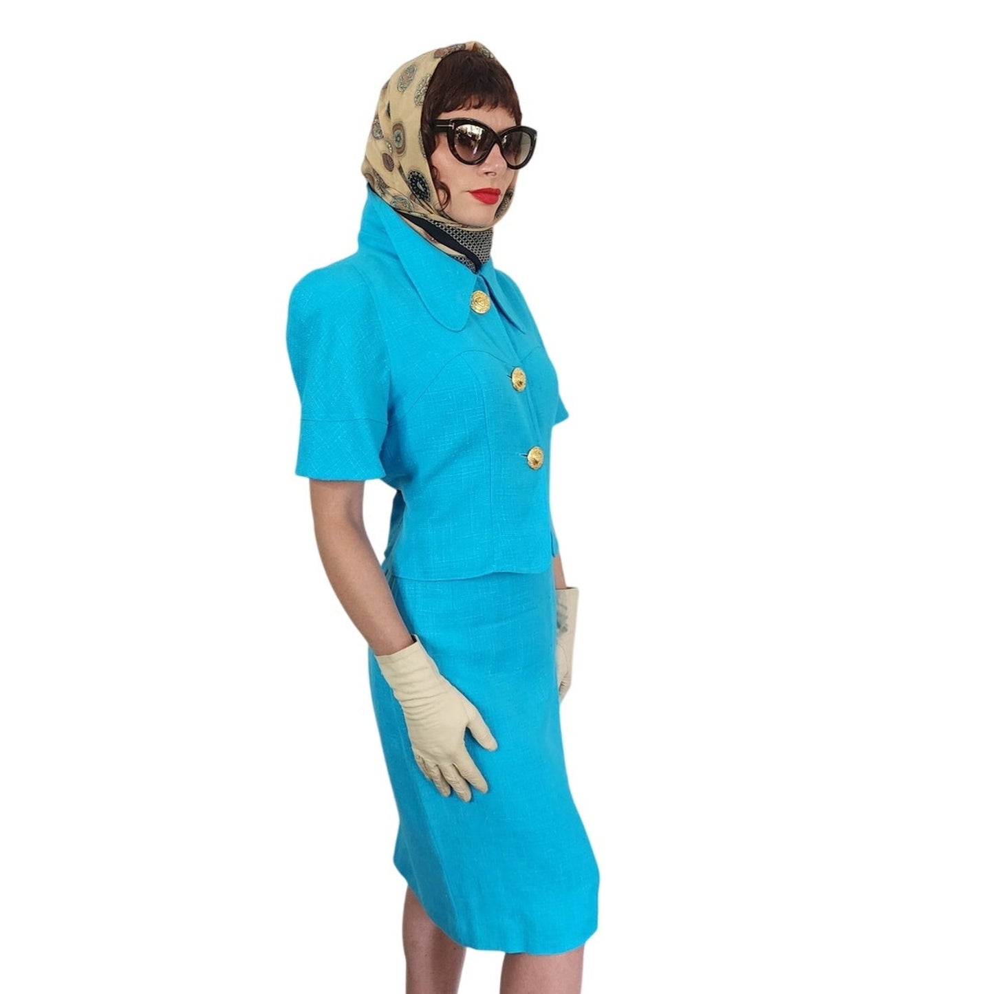 Vintage 1990s Christian Lacroix Skirt Suit Turquoise Blue + Gold Buttons / M