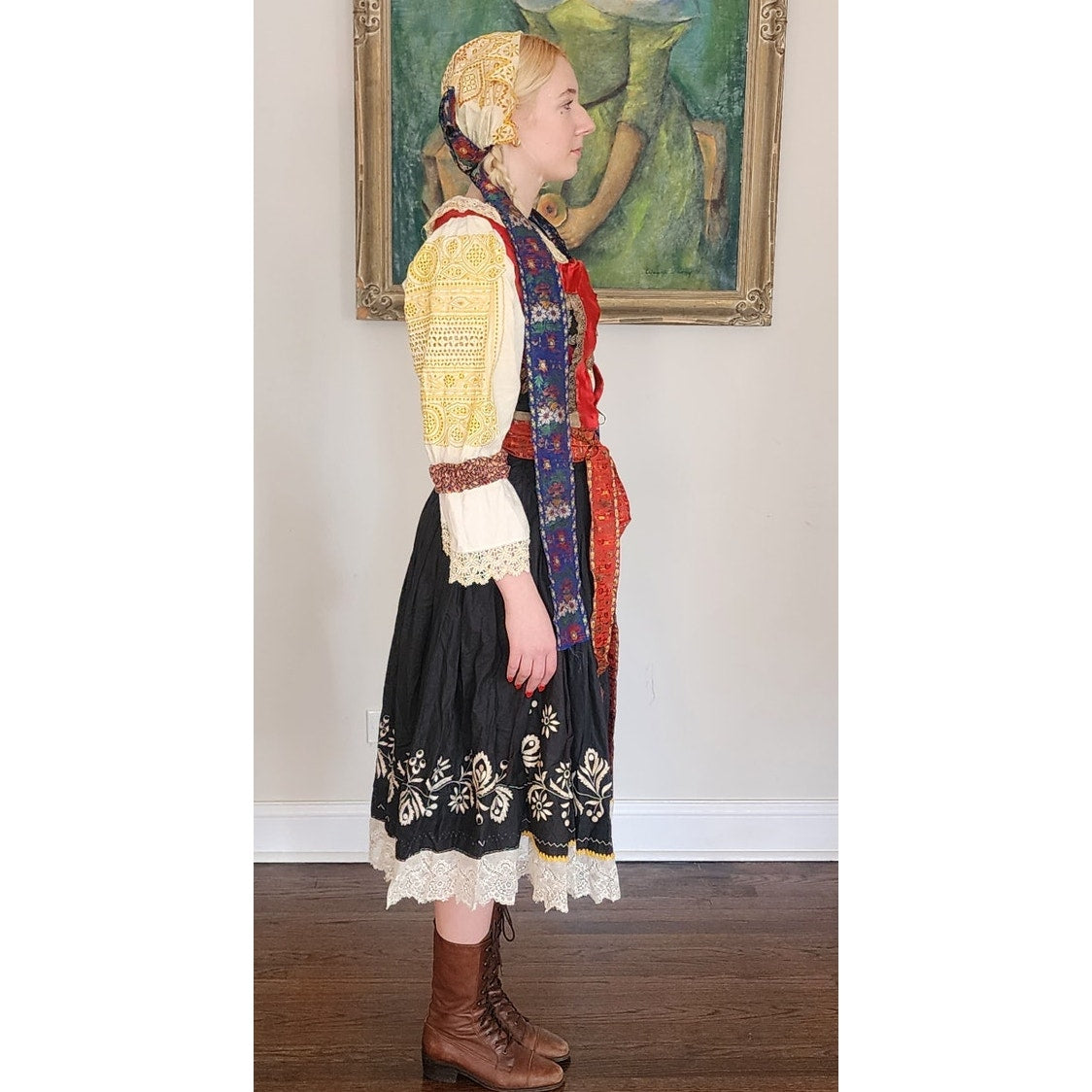 Antique Slovakian Folk Costume COMPLETE Kroj Piesteny Wedding Outfit Blouse Skirt Vest Cap Belt