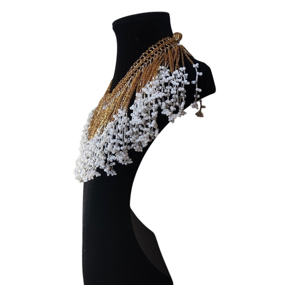 Vintage Bib Necklace Boho Fringed Collar Gold Glass Faux Pearl Beads