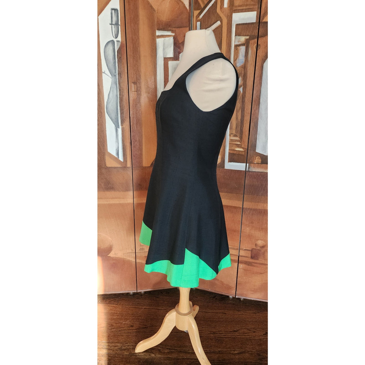 Vintage 1990s Designer Sleeveless Dress Raw Silk Black Green Victoria March Chicago