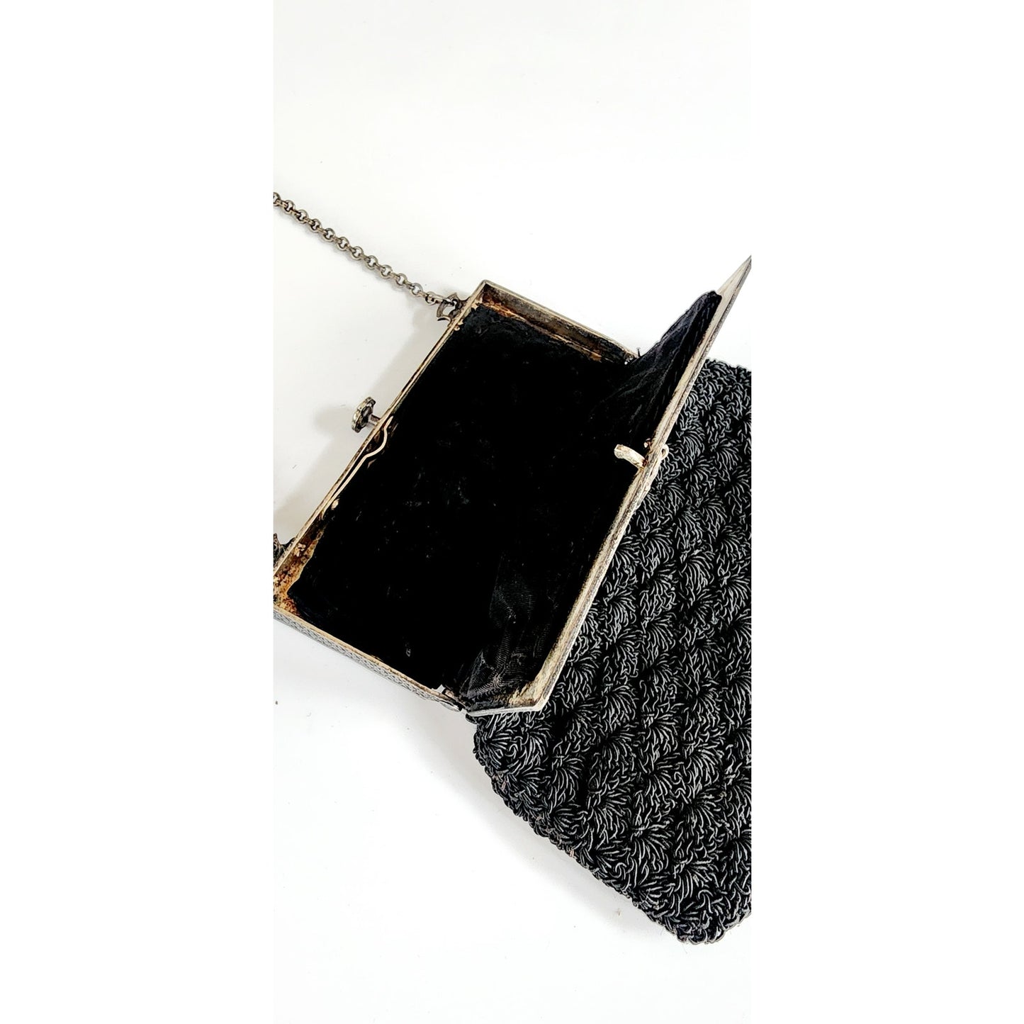Vintage Edwardian Black Crochet Bag Silver Metal Etched Frame Purse