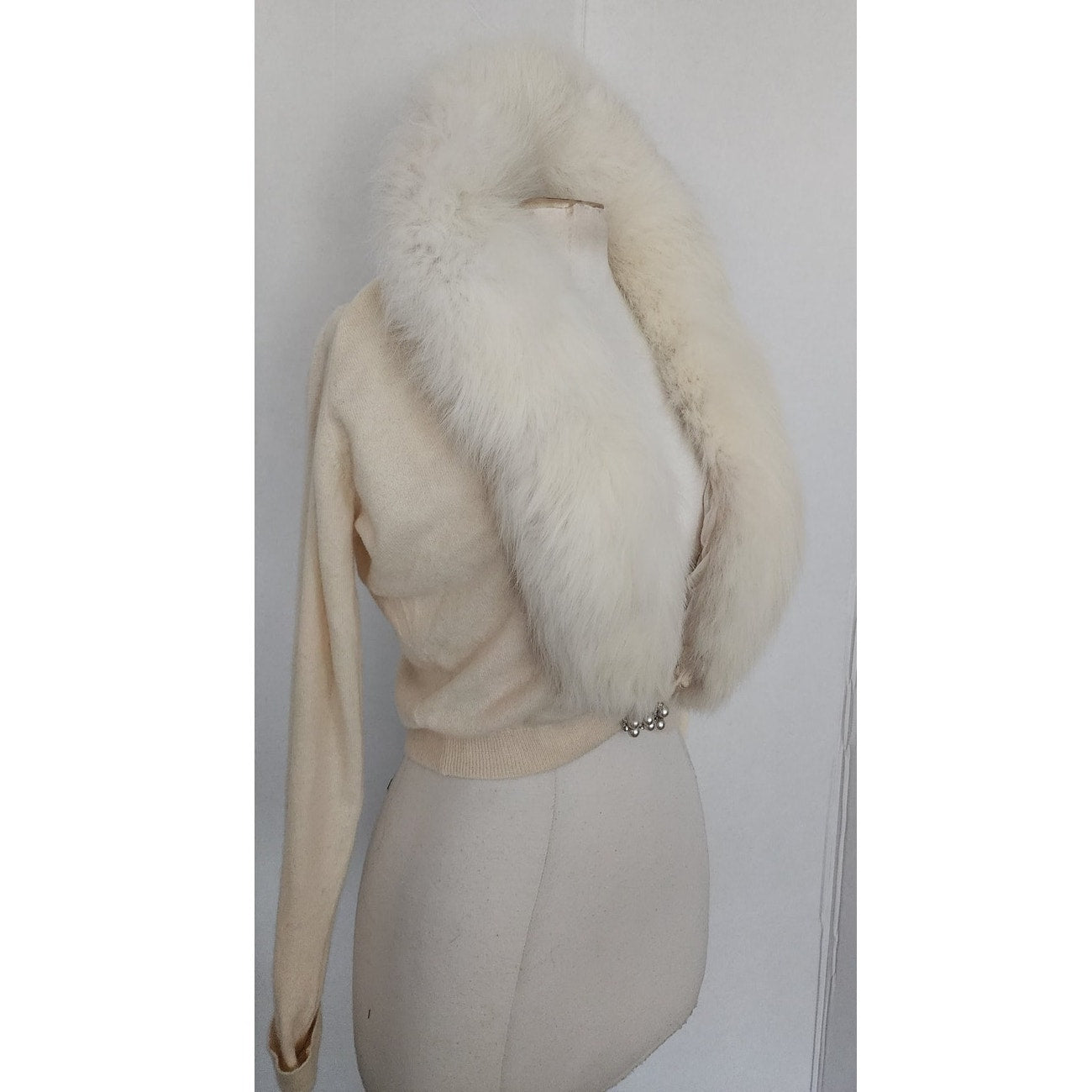 Vintage 1950s Cream Wool Cardigan White Fox Fur Collar Joseph Horne