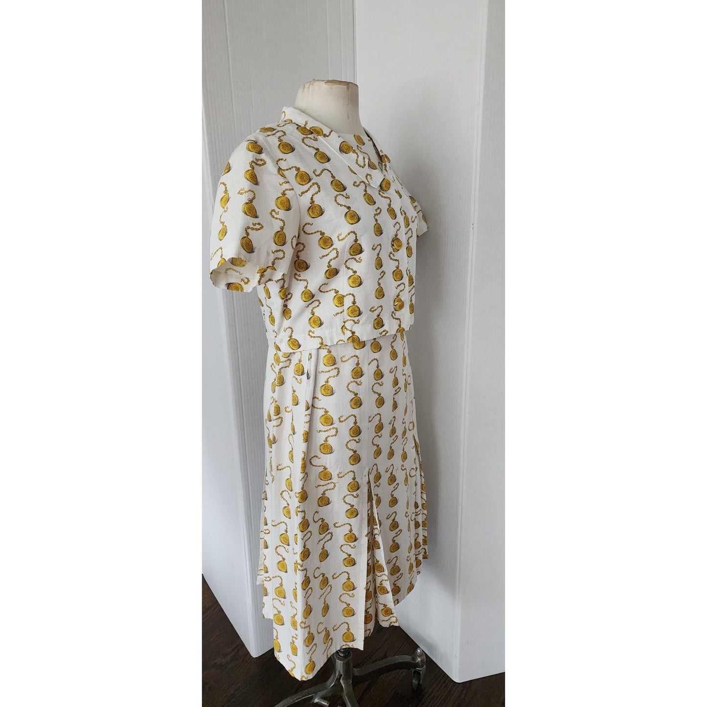 Vintage 60s Clocks Novelty Print Dress + Jacket Set Gold Pocket Watch