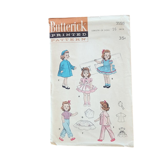 Vintage 50s ORIGINAL Sewing Pattern: Wardrobe for Popular Dolls 16" Butterick 7155