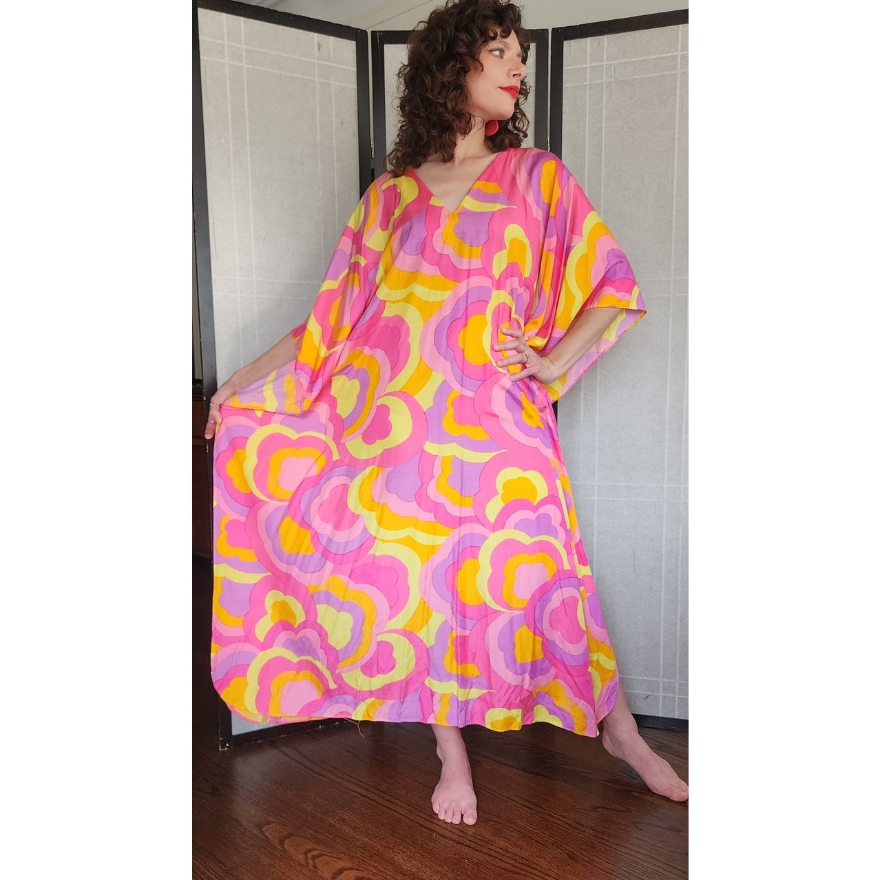 60s Silk Caftan Dress Pink Yellow Psychedelic Print Lord & Taylor