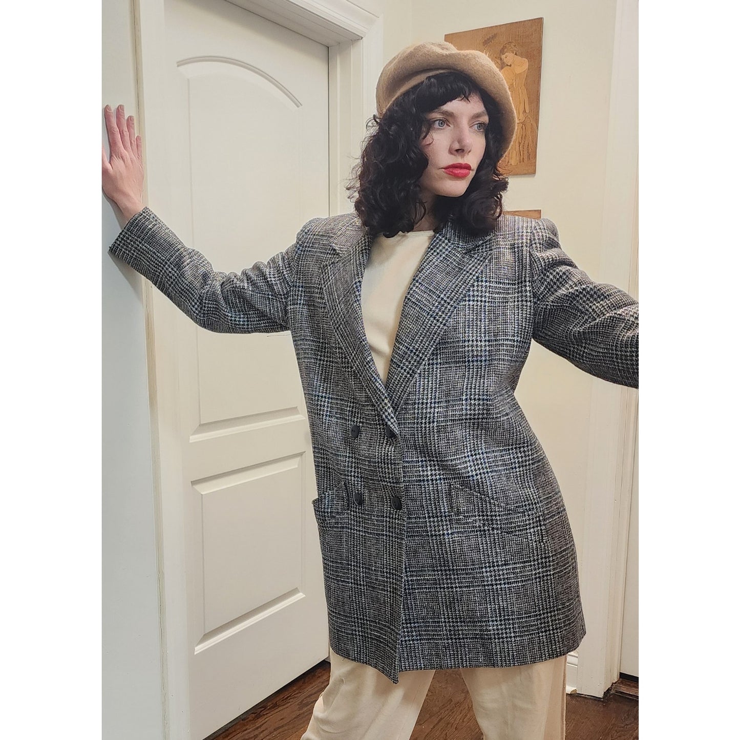 Vintage 1980s Long Blazer Lilli Ann Houndstooth Wool Jacket Gray Black