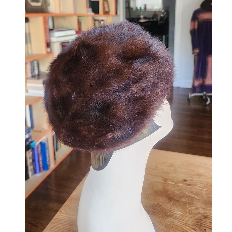 Vintage 1950s Mink Fur Hat Brown Tam Saks Fifth Avenue Rounded Crown Millinery Salon