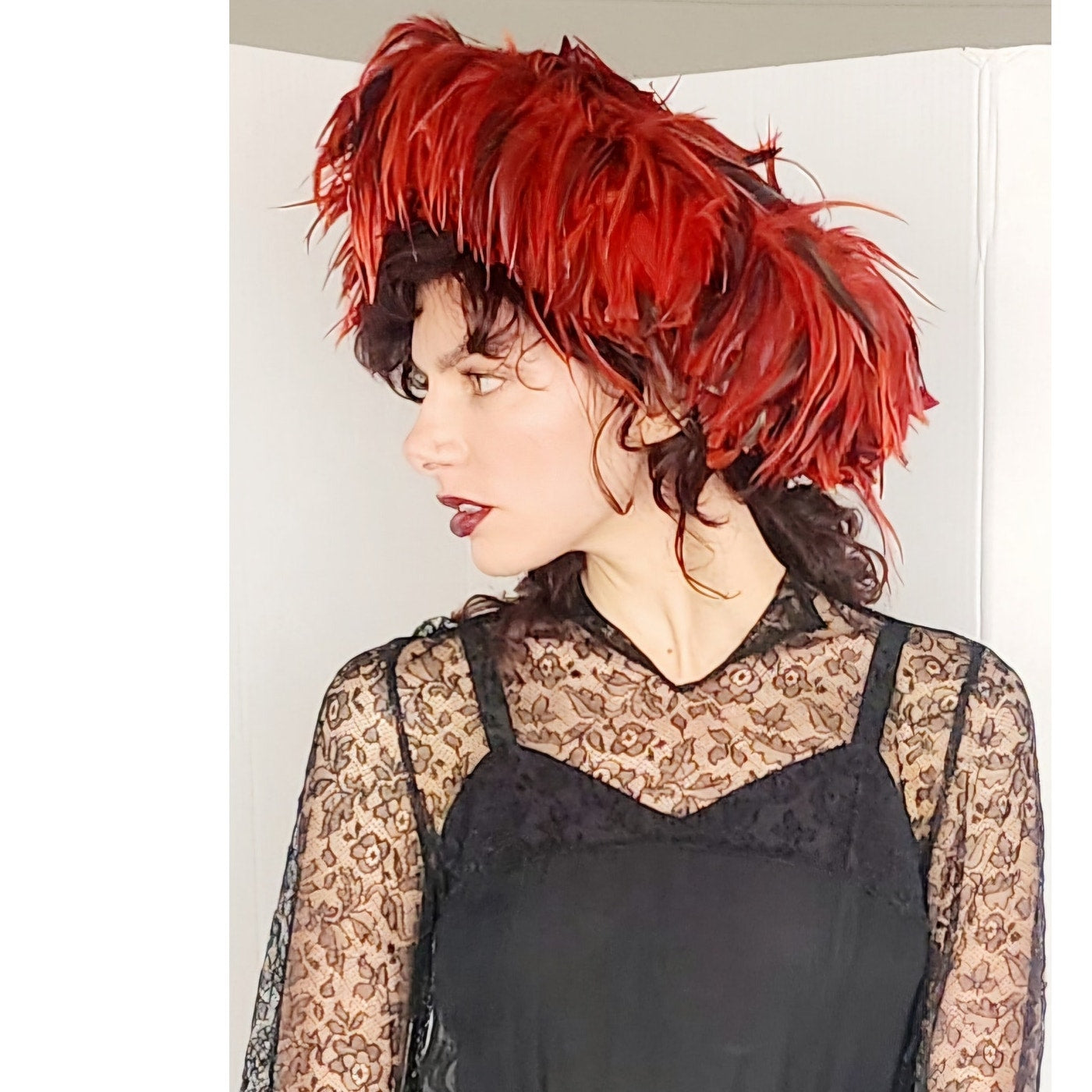 80s Does 60s Red Feather Hat Kokin Oversized Avant Garde