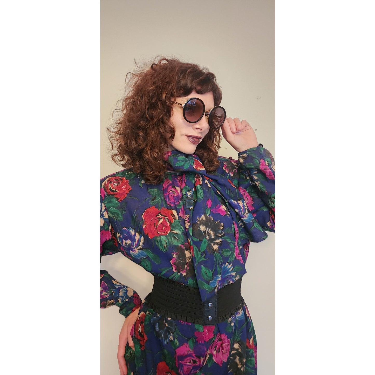 Vintage 80s UNGARO Sac Dress Dark Floral Print Wool w/Sash Necktie / M