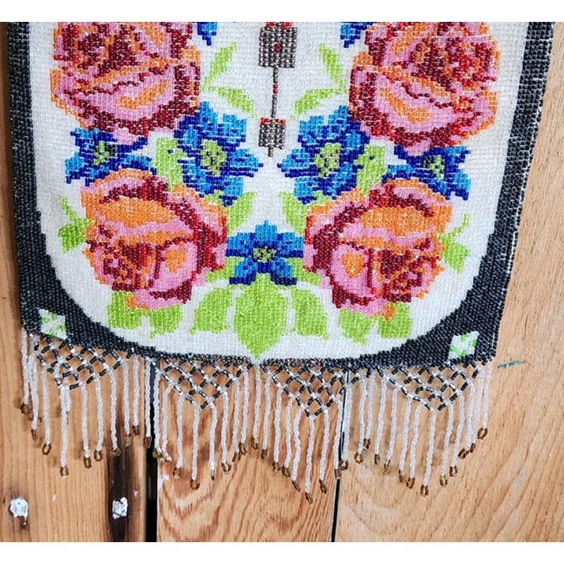 Antique Glass Bead Bag Edwardian Purse Floral Rose Pattern